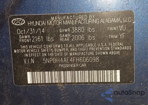 2015 Hyundai Elantra Se из США, поврежденный, VIN 5NPDH4AE4FH606098